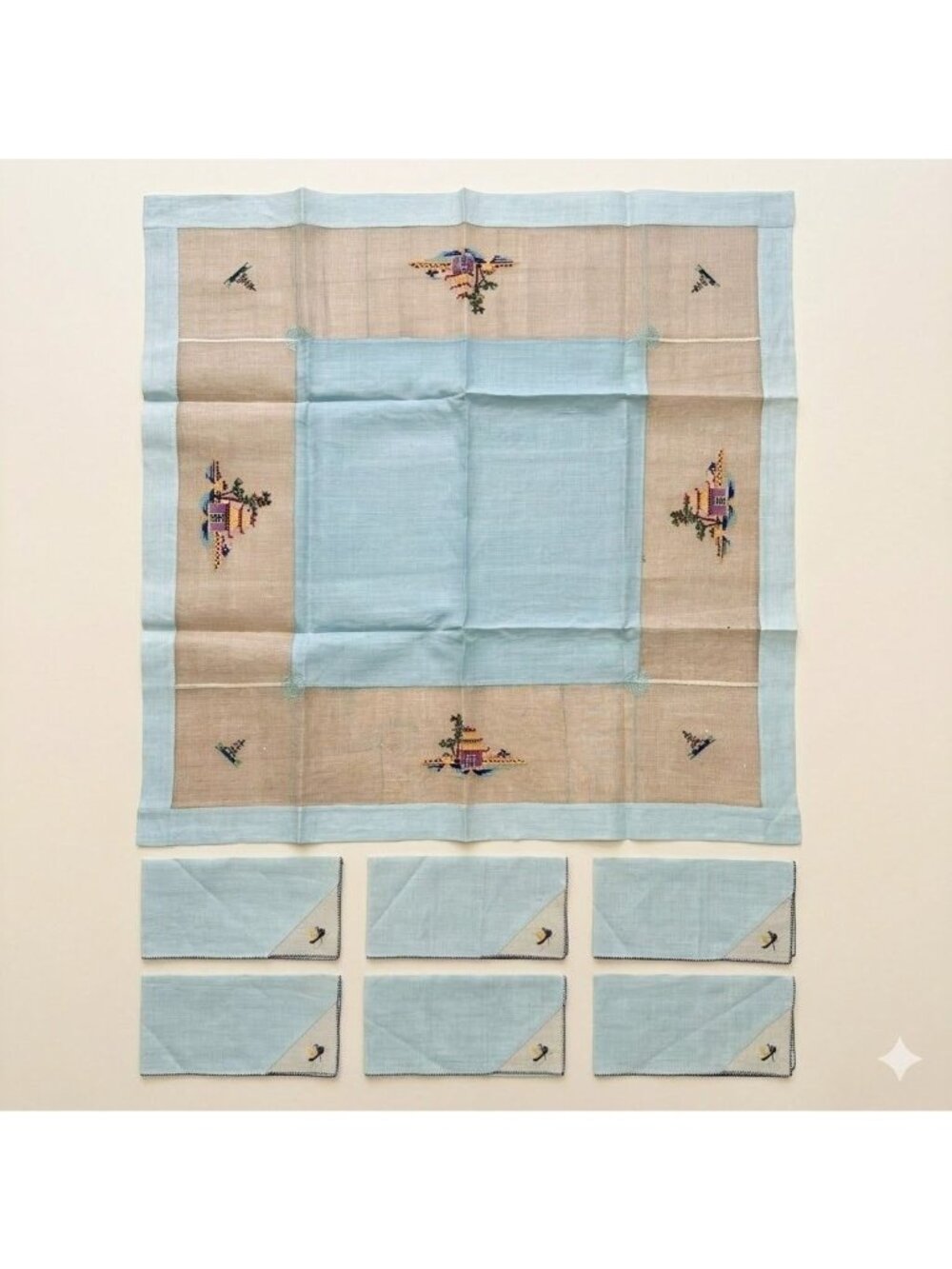 Vintage 1930s Pina Cloth Tablecloth 6 Napkin Set Embroidered Pagoda Asian Deco